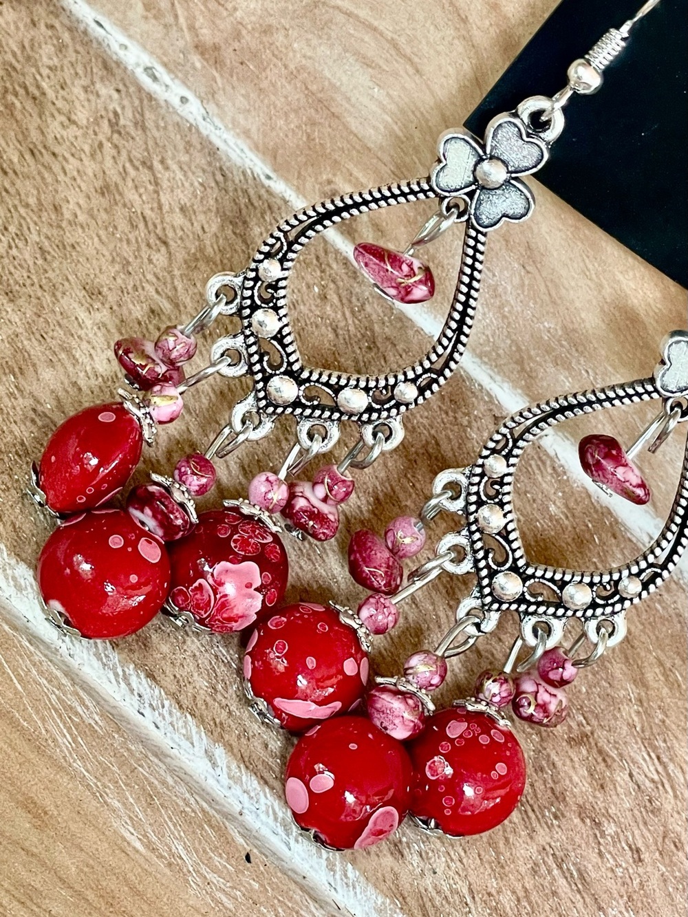 Red Boho Glass Bead Dangle Earrings with Silver Filigree